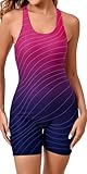 Halcurt Women's One Piece Boyleg Swimsuit Athletic with Shorts Racerback Boyshort Sport Bathing Suit Pink Navy Ombre Stripe L