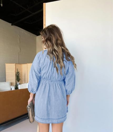 yoeasy Women's V Neck Denim Dress Casual Puff Sleeve Swing Ruffle Flowy A Line Mini Jean Babydoll Dress 5