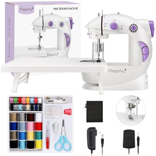 Magicfly Mini Sewing Machine with Extension Table, Dual Speed Portable Sewing Machine for Beginners with Light, Sewing Kit for Household Use, White