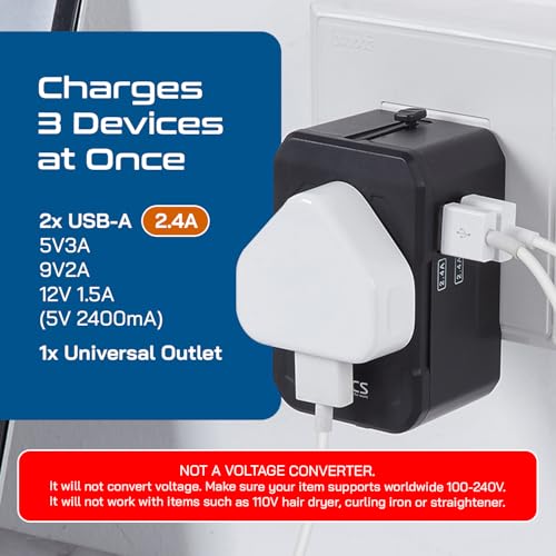 Image of Ceptics 3 in 1 Universal Charger Adapter - Universal Travel Adapter All in One with 2 USB-A Ports (2.4A), 100-250V Compatibility - Compact International Travel Adapter (White)