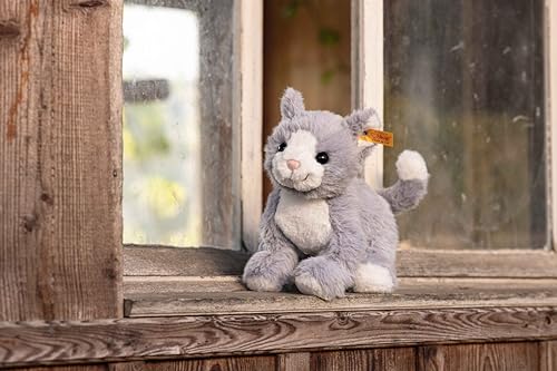 Steiff Cassie Katze eisblau-Weiss 26 cm, Soft Cuddly Friends, Kuscheltier-Katze, Stofftier aus kuschelweichem Plüsch, zum Kuscheln und Spielen, Hellblau