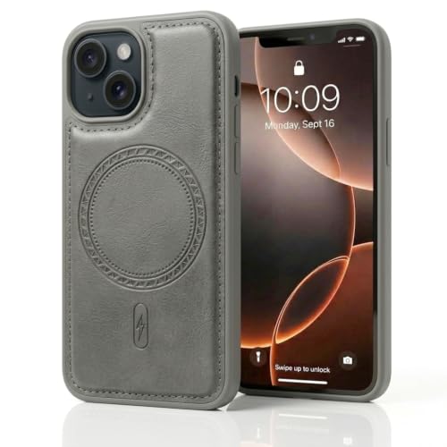 Image of amazon basics Premium PU Leather Case for iPhone 12, MagSafe Compatible Magnetic Ring, Sleek Protective Back Cover - [Gray]