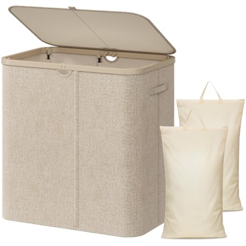 Lifewit Panier a Linge 2 Compartiments avec Couvercle, Grand Corbeille a Linge avec Sacs Amovibles, Laundry Basket pour Salle de Bain, Chambre, Buanderie, 145...