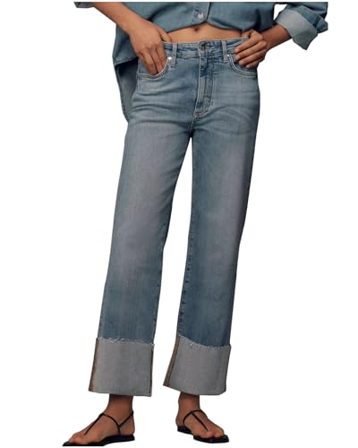 Women's Wide Cuff Jeans High Rise Straight Leg Cropped Jeans Casual Boyfriend Denim Pants