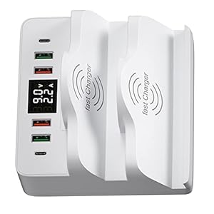 Braveking1 Cargador USB, Múltiple Estación de Carga de Escritorio de 6 Puertos 80W con Dual Inalámbrico Carga Rápida PD Puertos QC3.0 USB Puerto y Pantalla LCD para iPhone iPad Samsung Tabletas