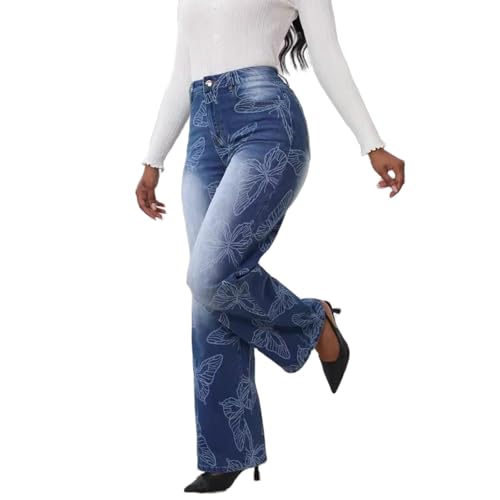 Stretchy Wide Leg Jeans for Women High Waisted Butterfly Print Vintage Straight Leg Jeans Cute Baggy Mom Denim Pants