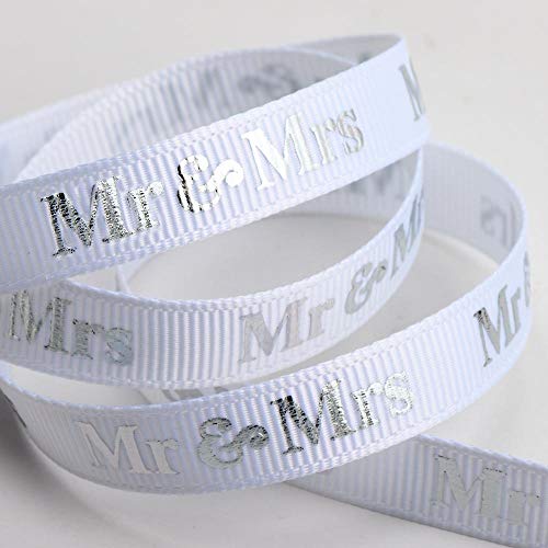 Mr & Mrs Ribbon White/Silver Grosgrain (9mm x 20M), Mr & Mrs White/Silver, 9mm x 20 Metres