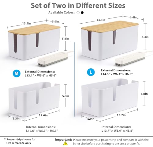 Image of ZhiYo 2 Pack Cable Management Box, Large & XL, Power Strip Organizer, White | Extra-Tall Design for Oversized Adapters, Fits Power Strips Up to 13.4 inch Long, Natural Bamboo Lid, Ideal for Desks, TV Areas