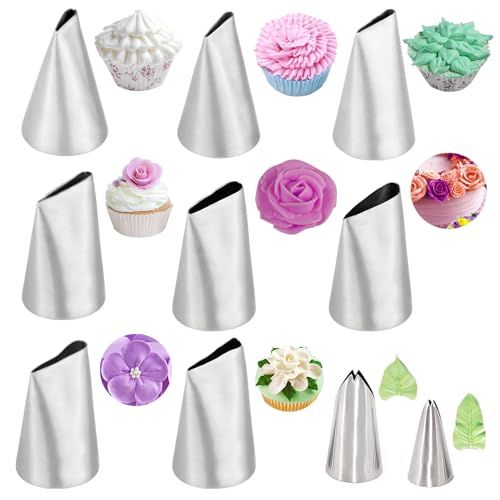10 Pcs Beccucci Sac a Poche, Ruffle Piping Tips Set Fiori D'epoca e Foglie Ugelli di Ghiaccio in Acciaio Inossidabile Forniture da Cucina Fai da te per Torte Cupcakes