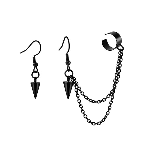 Retro Long And Short Rivet Earrings Ear Clips Fashion Goth Punk Tassel Earrings - black2