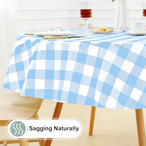 Image of misaya Round Waterproof Vinyl Table Cloth, Buffalo Flannel Backed Tablecloth, Wipeable Plastic Table Cover for Dinner, Kitchen, Picnic (60 inch, Baby Blue and White)