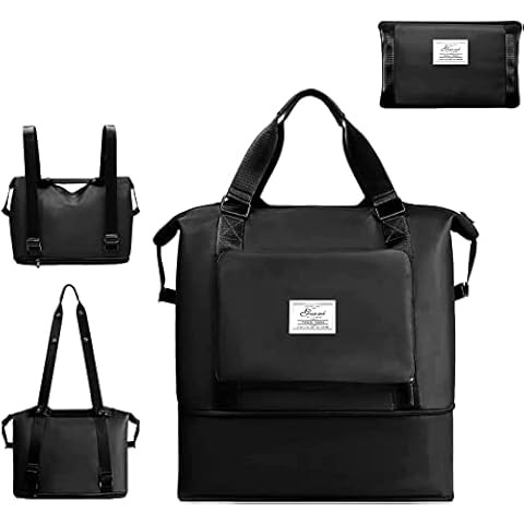 Hrobig Foldable Travel Bag, Large Capacity Sports Bag Weekender Hand Luggage for Women, Lightweight Hospital Bag with Wet Compartment, Waterproof Handbag for Sports & Travel (Black) Cover