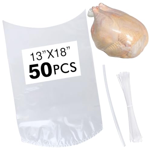 Anmboor 50Pack 13x18 Inches Poultry Shrink Bags Chicken Bag Clear Poultry Heat Shrink Wrap Freezer With 50 Zip Ties a Silicone Straw for Chickens Rabbits