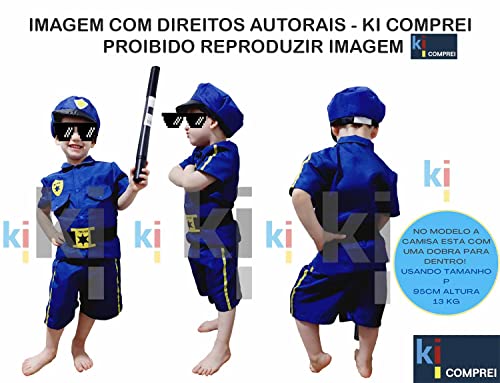 Fantasia Policial Azul Infantil Curta Com Quepe Cinto - KIT com Cacete (Pequeno (2 a 4))