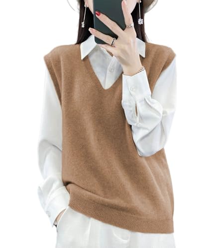 Image of Women's V-Neck Knit Sweater Vest 100% Merino Wool Lightweight Sleeveless Pullover Basic Vest Short Tops