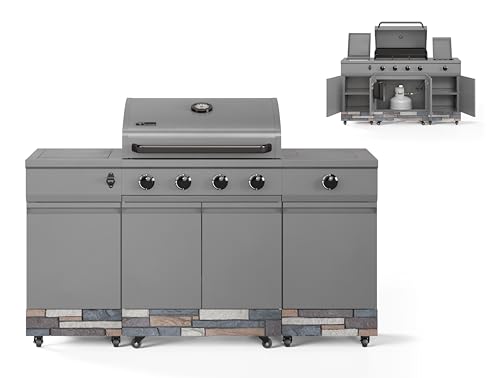 Tytus Fresno 5-Burner Propane or Natural Gas Island Grill – 864 sq. in. Cooking, 48,000 BTU Main + 12,000 BTU Side Burner, Porcelain Grates, Storage Cabinets, Semi-Portable - GM/Ash Stone