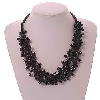 Statement Chunky Bone And Wood Bead With Black Rubber Cord Necklace In Dark Blue/ Violet - 48cm Long