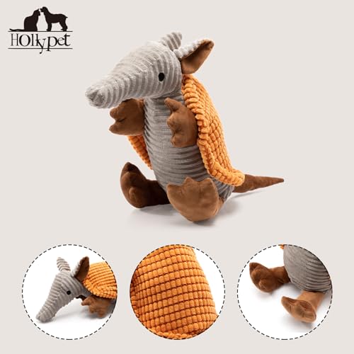 Image of Hollypet Plush Dog Squeaky Toy Stuffed Armadillo Animal Pet Puppy Chew Toys with Clean Teeth for Small Medium Large All Breed Sizes Dogs, Orange, 14 in