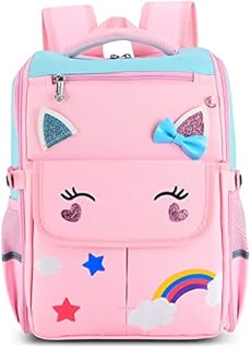 Achort School Bag for Girls Cute Kids Pink Backpack Children's Light Weight Book Bag with One Bottom Zipper and Reflective Stripes Large Nylon Backpack Toddlers Gift for Primary School Travel