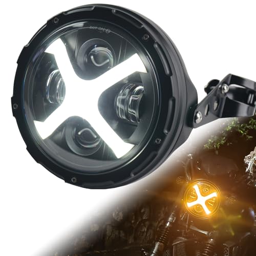 SINLIRU 7inch Black LED Motorcycle Headlight X White/Amber DRL with Aluminum Alloy Black Housing Bucket 32-40mm Fork Tube Side Mount Brackets Compatible with Motorbikes