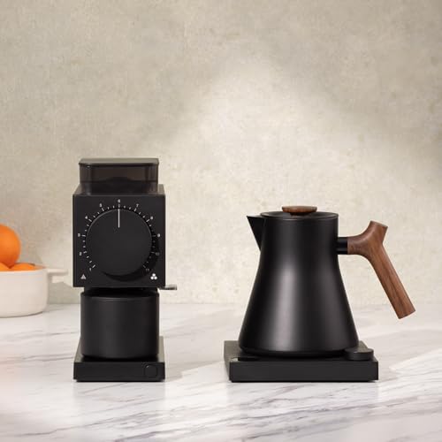 Image of Fellow Corvo EKG Pro Studio Gooseneck Electric Kettle, Temp Control | Stainless Steel, Color LCD, Quick Heating, Brew Timer, Matte Black, Walnut Handle, 0.9 Liter, for Pour Over Coffee & Tea