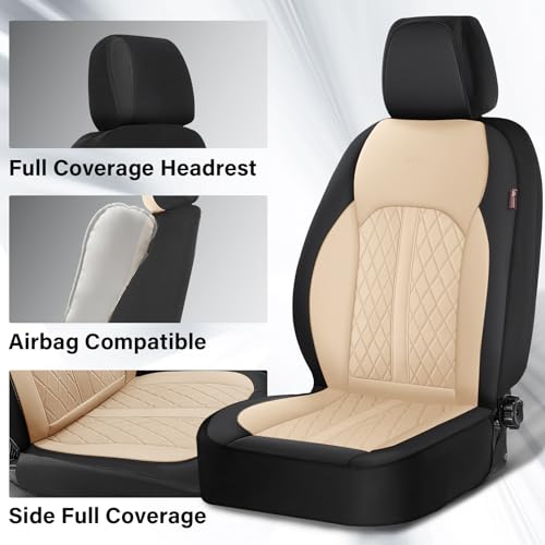 Image of Coverado Universal Leather Seat Covers Full Set for 5 Seats - Waterproof, Durable All-Weather Protector for SUV, Pickup Truck, Sedan, Black&Beige