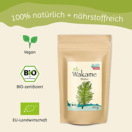 ALGENLADEN BIO Wakame Blätter - 100 g | Instant Algen aus dem Atlantik | Rohkost | Vegan | zu Dashi und Misosuppe