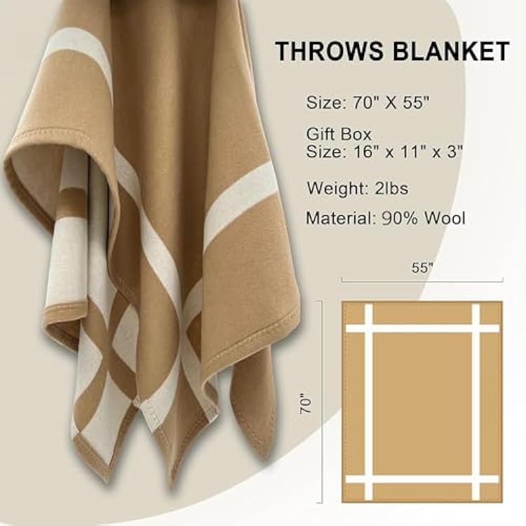 Wool Blanket & Throws 90% Wool Warm Blanket Soft Couch Blankets 75x55 Twin Throw Blankets for Living Room, Camping, Outdoors, or Car Travel with Exquisite Box for Gift (Camel)
