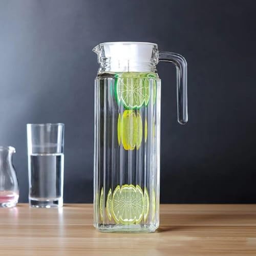 Image of Premium 1100ml Glass Water Jug with Plastic Lid & Handle Beverage Carafe for Home, Office, Etc. | Pitcher for Serve Water, Milk, Juice, Beverage, Chaas, Cocktail (Stright JUG 1.1 Liter)