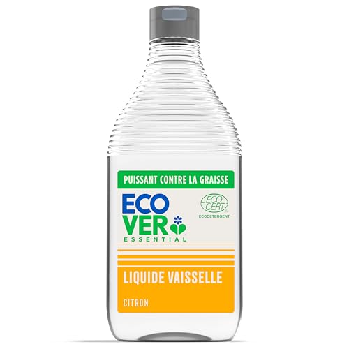 Ecover Essential Liquide Vaisselle, Élimine la Graisse et la Saleté, Ingrédients d'Origine Naturelle, Parfum Citron, Bouteille de 450ml