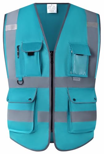 XIAKE Reflective Safety Vest for Men & Women High Visibility Class 2 Vest with Pockets Meets ANSI Standards, Lake Blue, Small
