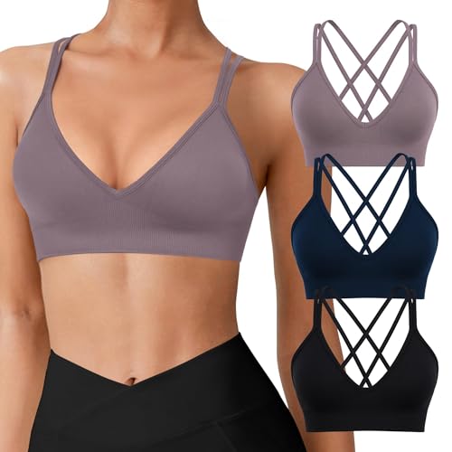 Image of VEQKING Seamless V-Neck Cross Back Women Sports Bra for Small Chest, 3 Pack | Made for A-C Cups, Spaghetti Straps, Removable Padded, Comfort Wireless for Low Impact Workout: Yoga, Lounging & Daily Wear