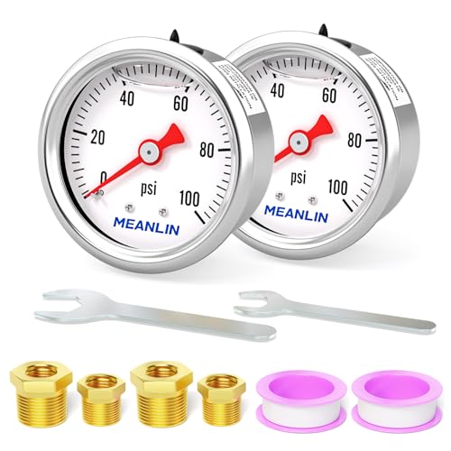 MEANLIN MEASURE 2pcs 0~100Psi Stainless Steel Liquid Filled, 1/8" NPT 1.5" Glycerin Filled Pressure Gauge, Water Oil Air, Back Mount, with 1/4" NPT and 3/8" NPT Hex Bushing