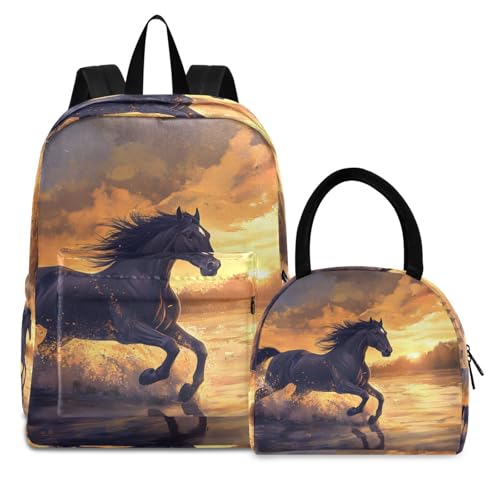 Horse in Lake Print Backpack Set with Lunch Bag, Large Capacity Travel Backpacks and Lunch Box Insulated for Commute Hiking Picnic