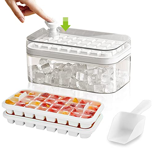 Ice Cube Tray with Lid and Storage, 64 Ice Cubes Mould with Bin & Scoop, Press Type Ice Cubes Maker Ice Cube Trays with Non-Spill Stackable Lids, for Freezer Cocktail Whiskey Coffee Tea (White)