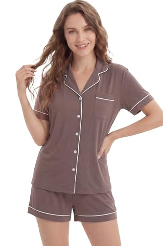Image of LUBOT 100% Cotton Pajamas for Women 2 Piece PJ Set Button-Down Soft Knit Short Sleeve Summer Sleepwear Loungewear XS-XXL
