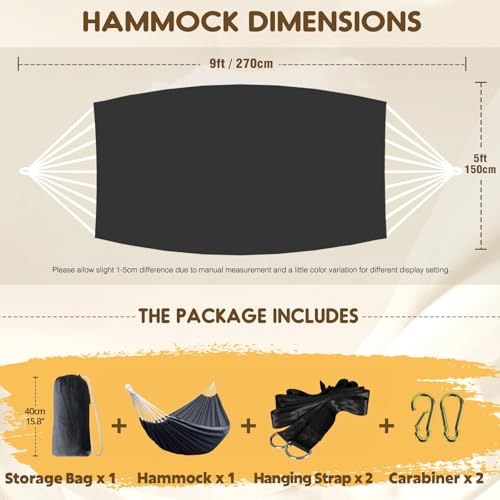 ANYOO Hängematte Outdoor Baumwolle Bequemer Stoff mit Baumfreundlichen Gurten zum Aufhängen, Robuste Tragbare Hängematte mit Reisetasche für Garten, Indoor, Balkon, Terrasse, Camping