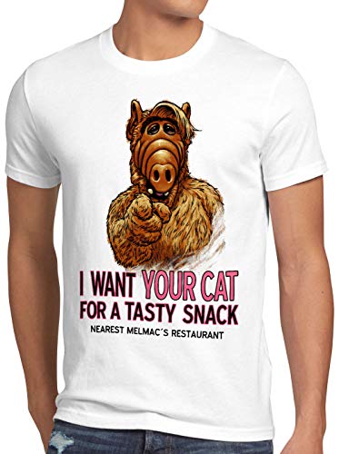 A.N.T. I Want Your Cat T-Shirt Homme alf Melmac Sitcom, Taille:M, Couleur:Blanc