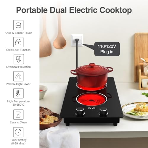 Image of GIHETKUT Electric Cooktop,110V 2100W Electric Stove Top with Knob Control, 10 Power Levels, Kids Lock & Timer, Hot Surface Indicator, Overheat Protection,Built-in Radiant Double induction cooktop