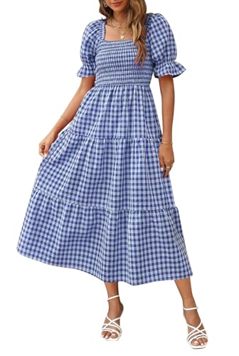 Women's Bohemian Summer Plaid Square Neck Puff Sleeve Ruffle Flowy Beach Midi Dress(Blue,M)