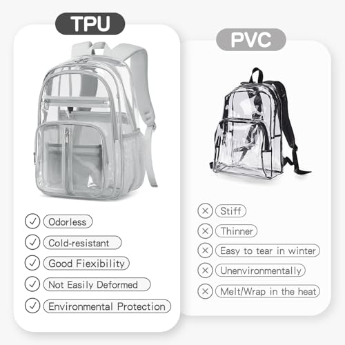 Image of Grey Big Clear Backpack Heavy Duty For Men Lady,18in XL TPU Bookbag 15Age+ | See Through Stitch durable plastic Multi-Pocket Design For School Adults work Warehouses Airport security,check events