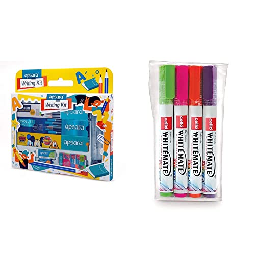 Image of Apsara Writing Kit & Cello Whitemate Vivid Whiteboard Marker (4 Vivid Ink Colors - Orange, Magenta, Violet, Lime) | Stati