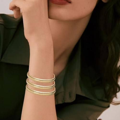 6 Pcs Gold Bangle Bracelets for Women, Chunky Stack Gold Plated Stretch Bracelet Jewelry Non-Tarnish, Flexible Trendy Designer Look Alike Jewelry Wristband Link Chain Cuff Bracelets Halloween4