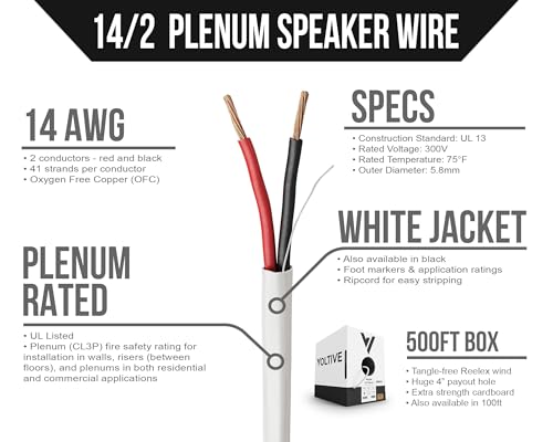 Voltive 14/2 Plenum Speaker Wire - 14 AWG/Gauge 2 Conductor - UL Listed Plenum Rated (CL2P/CL3P/CMP) - Oxygen-Free Copper (OFC) - 500 Foot Bulk Cable Pull Box - White
