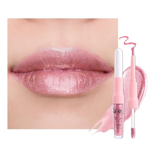 Image of evpct Warm Pink Metallic Glitter Lip Liner and Lipstick Combo Set Long Lasting Waterproof, Metallic Shimmer Lip Gloss Stain Makeup for Women, Warm Pink Frosted Iridescent Glossy Liquid Lipstick 19