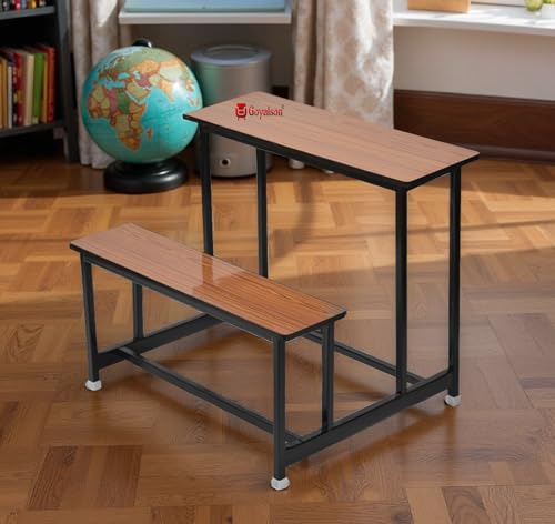 Image of GOYALSON School Home Tution College Bench Duel Desk Student Bench Cum Duel Desk Strong and Sturdy Metal Standard Structure with Wooden Top (1, Teak, Large Class)