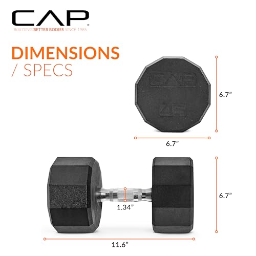 Image of CAP Rubber Coated Dumbbell Weights, Free Weights for Home Gym Strength Training, Anti-Roll Hex Dumbbells with Black, Chrome & Comfort Grip Handles, Singles