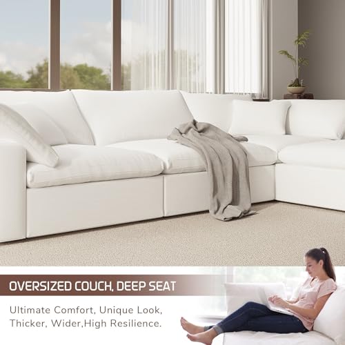 Image of Cloud Modular Sectional Sofa,211.6 inch Down Filled Sofa 5 Seat with Chaise,Minimalist Sofa Cover Washable and Replaceable Couches for Living Room,Sectional Sofa Deep Seat White