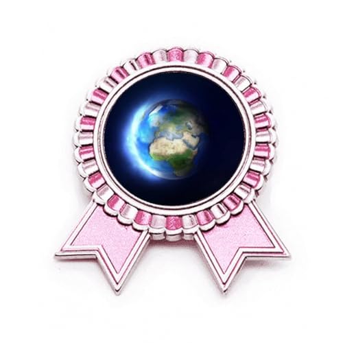 Broche planète Terre Art Déco en métal rose et bleu de finition soignée
