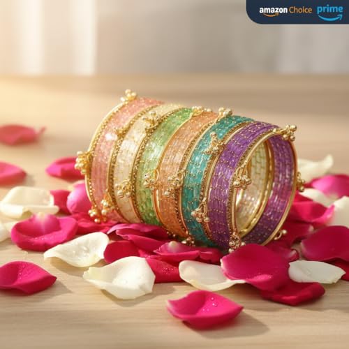Image of Kashmiri Ghangharoo Glass Bangle Set for Women| Light Weight Bangles | Traditional Transparent Fancy Glass Chudi Set for Wedding, Party.
